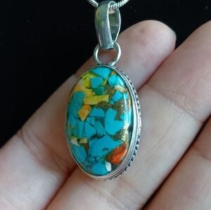Blue Copper Spiny Oyster Turquoise 925 Sterling Silver Pendant Necklace 18"